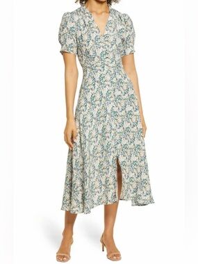 NWT Floret Studios Blue Green Floral Chiffon Midi Dress Puff Sleeve Sz S